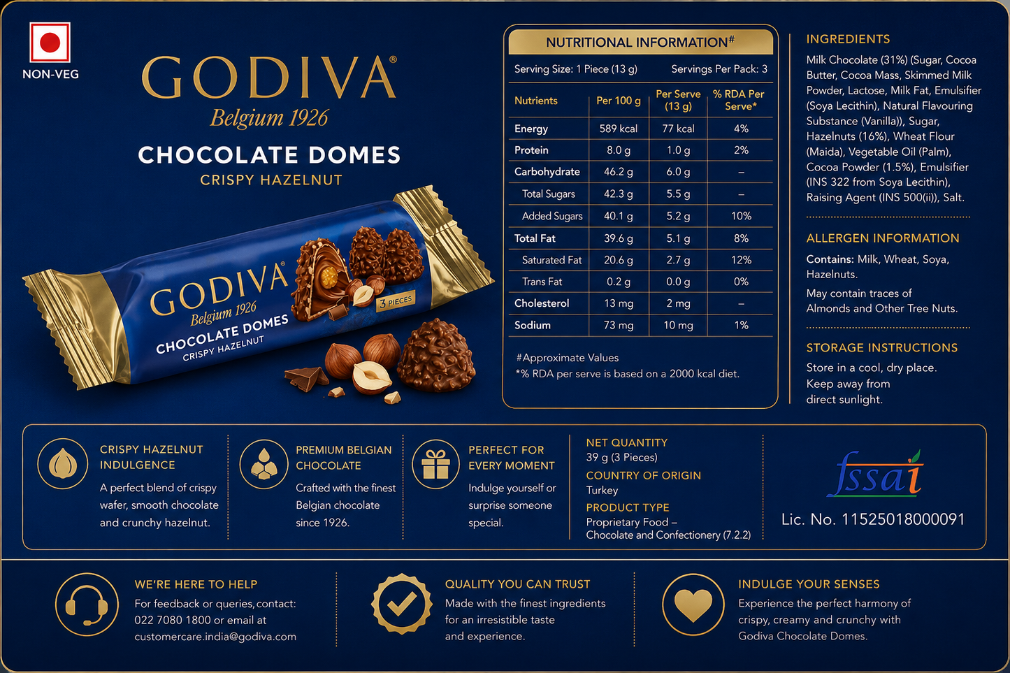 Godiva Dome Crispy Hazelnut Pack Of 6 Imported From Switzerland - Nosh Products