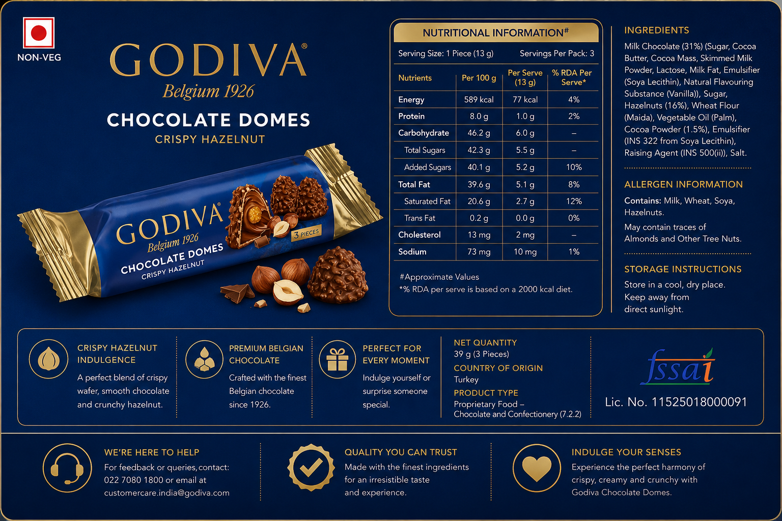 Godiva Dome Crispy Hazelnut Pack Of 6 Imported From Switzerland - Nosh Products