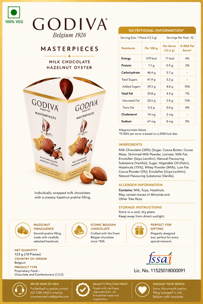 Godiva Masterpiece Milk Chocolate Hazelnut Oyster Gift Box 119gm Imported From Belgium - Nosh Products