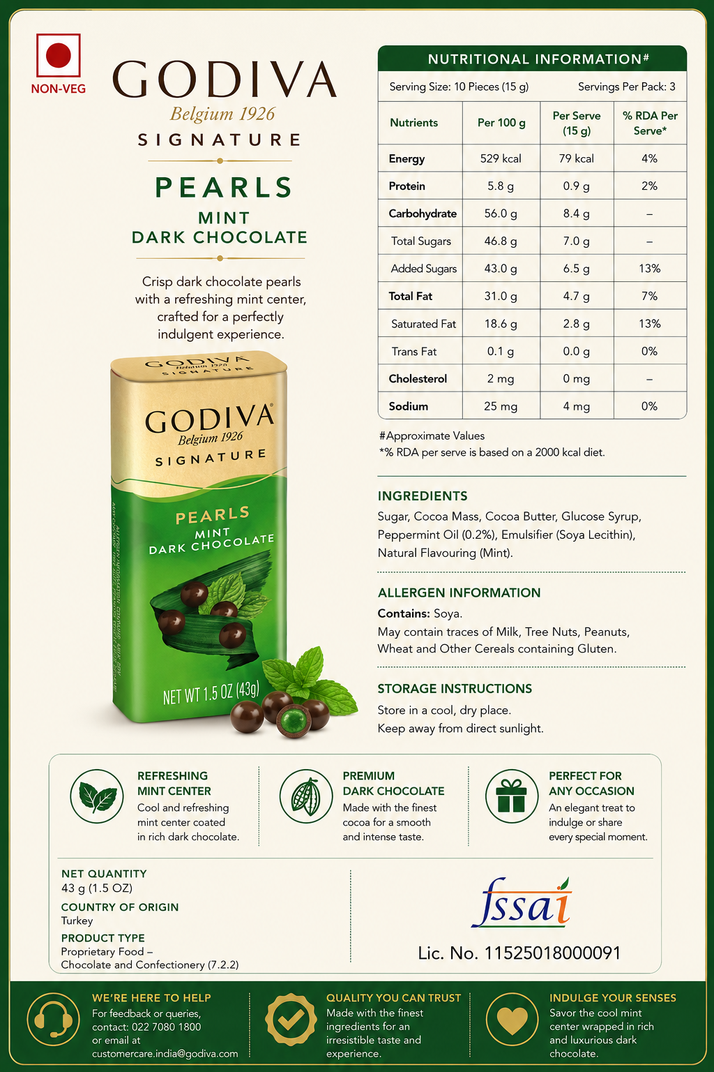 Godiva Pearls Mint Dark Chocolate 43gm Imported From Switzerland - Nosh Products