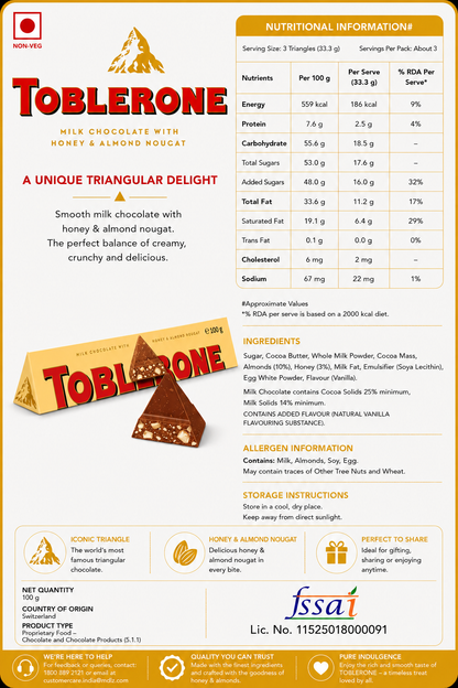 Toblerone Milk Chocolate 100gm Imported From Switzerland - Nosh Products