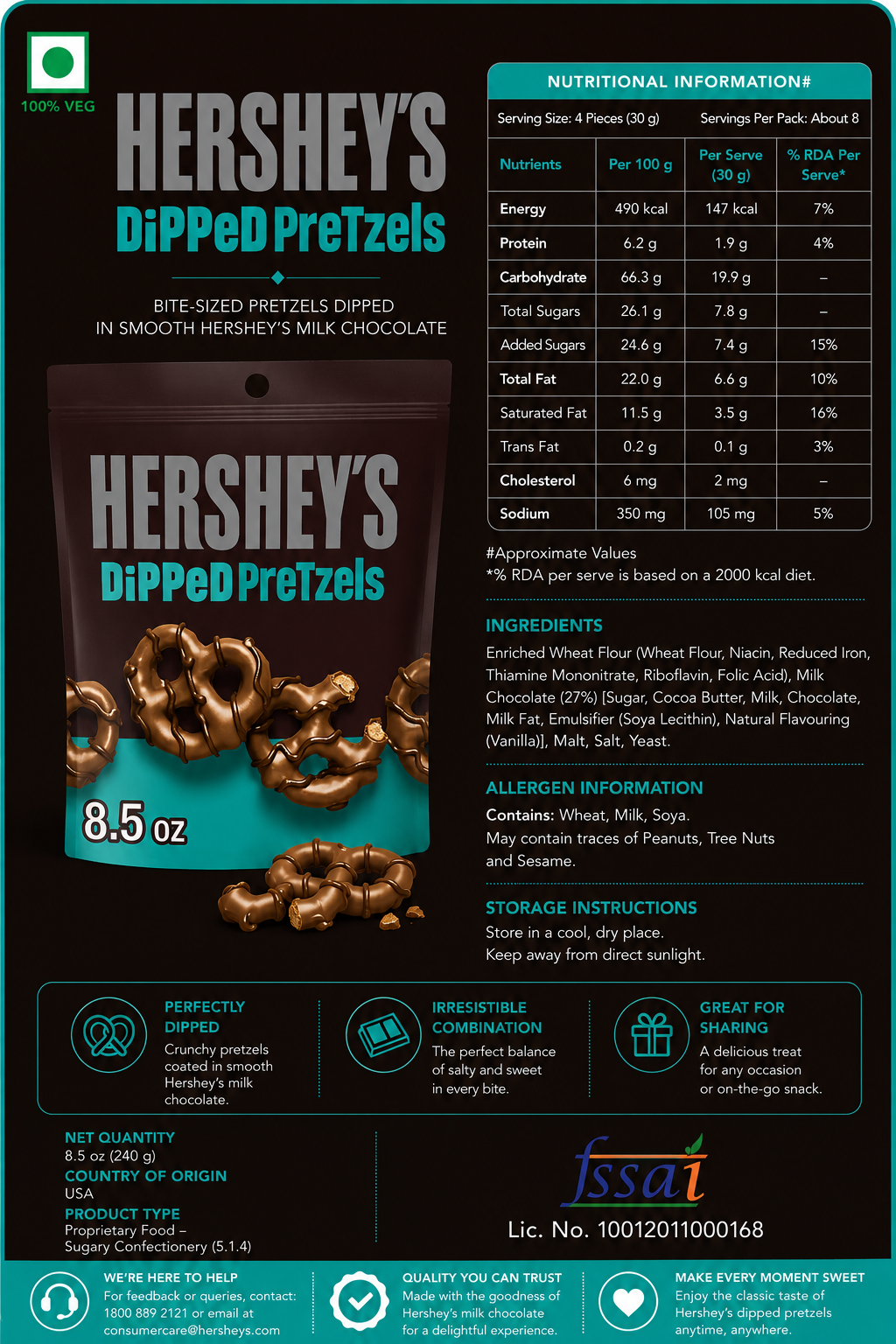 Hershey Dipped Pretzel Milk Chocolate 240gm  Imported From USA - Nosh Products