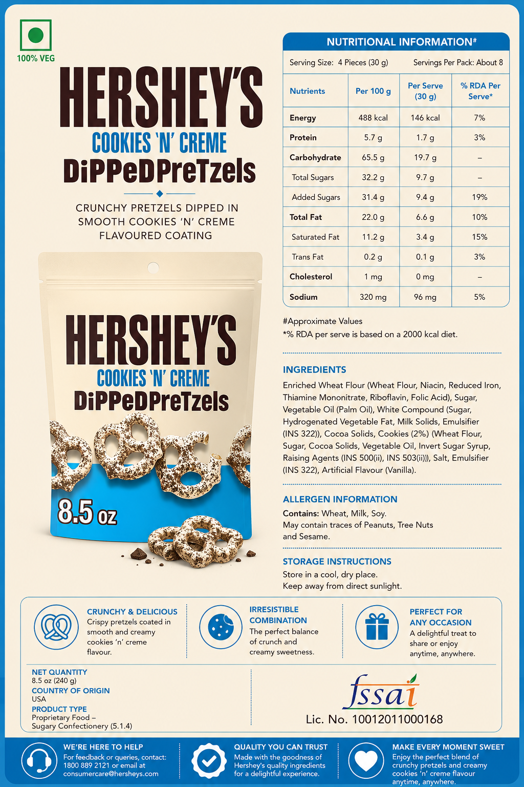 Hershey Dipped Pretzel Cookies And Cream 240gm Imported From USA - Nosh Products