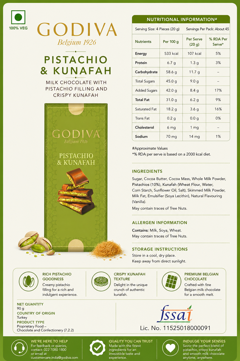 Godiva Pistachio Kunafa Milk Chocolate Bar 122gm Imported From Switzerland - Nosh Products