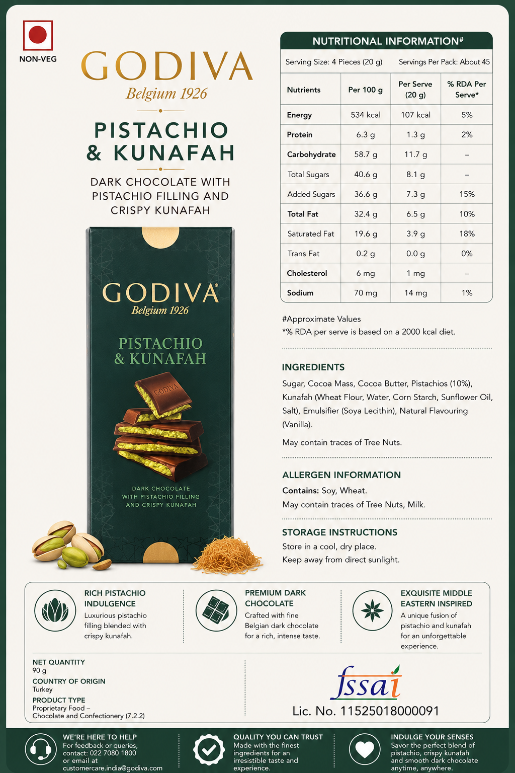 Godiva Pistachio Kunafa Dark Chocolate Bar 122gm Imported From UAE - Nosh Products