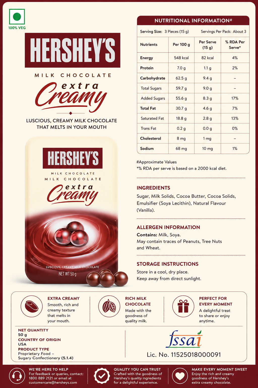Hershey Pearls Extra Creamy Chocolate 50g Imported From USA - Nosh Products