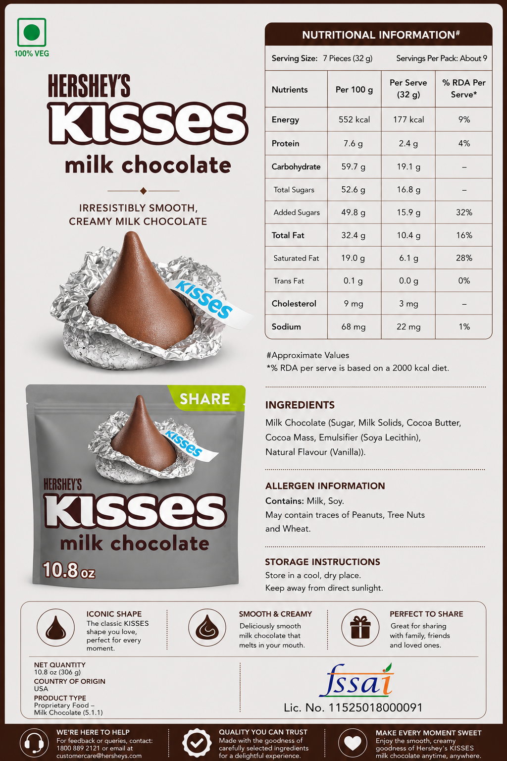 Hershey Kisses Milk Chocolate 306gm Imported From USA - Nosh Products