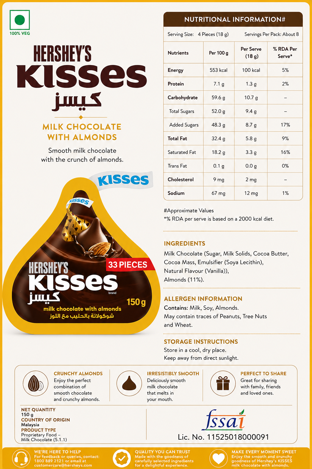 Hershey Kisses Milk Chocolate With Almonds 150gm Imported From USA - Nosh Products