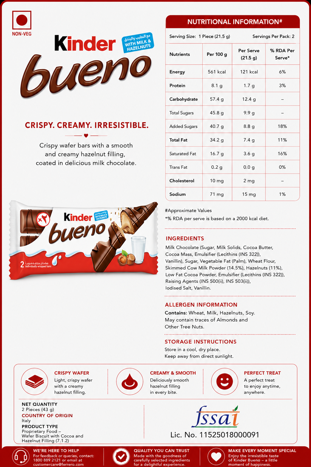 Kinder Bueno Chocolate 43gm Imported From UK/USA - Nosh Products