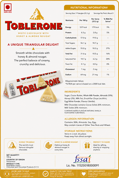 Toblerone White Chocolate 100gm Imported From Switzerland - Nosh Products