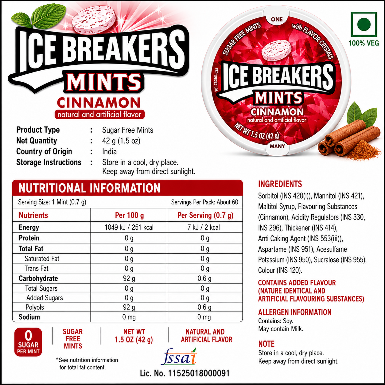 Icebreakers Mints Cinnamon 42gm - Nosh Products