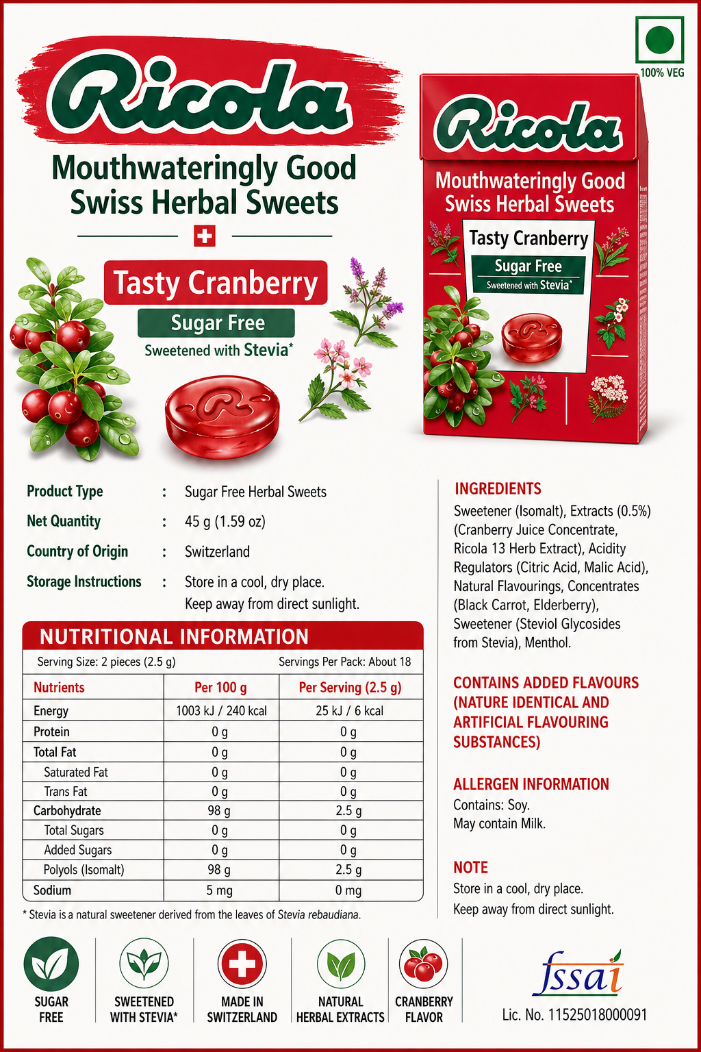 Ricola Cranberry Mints 45gm