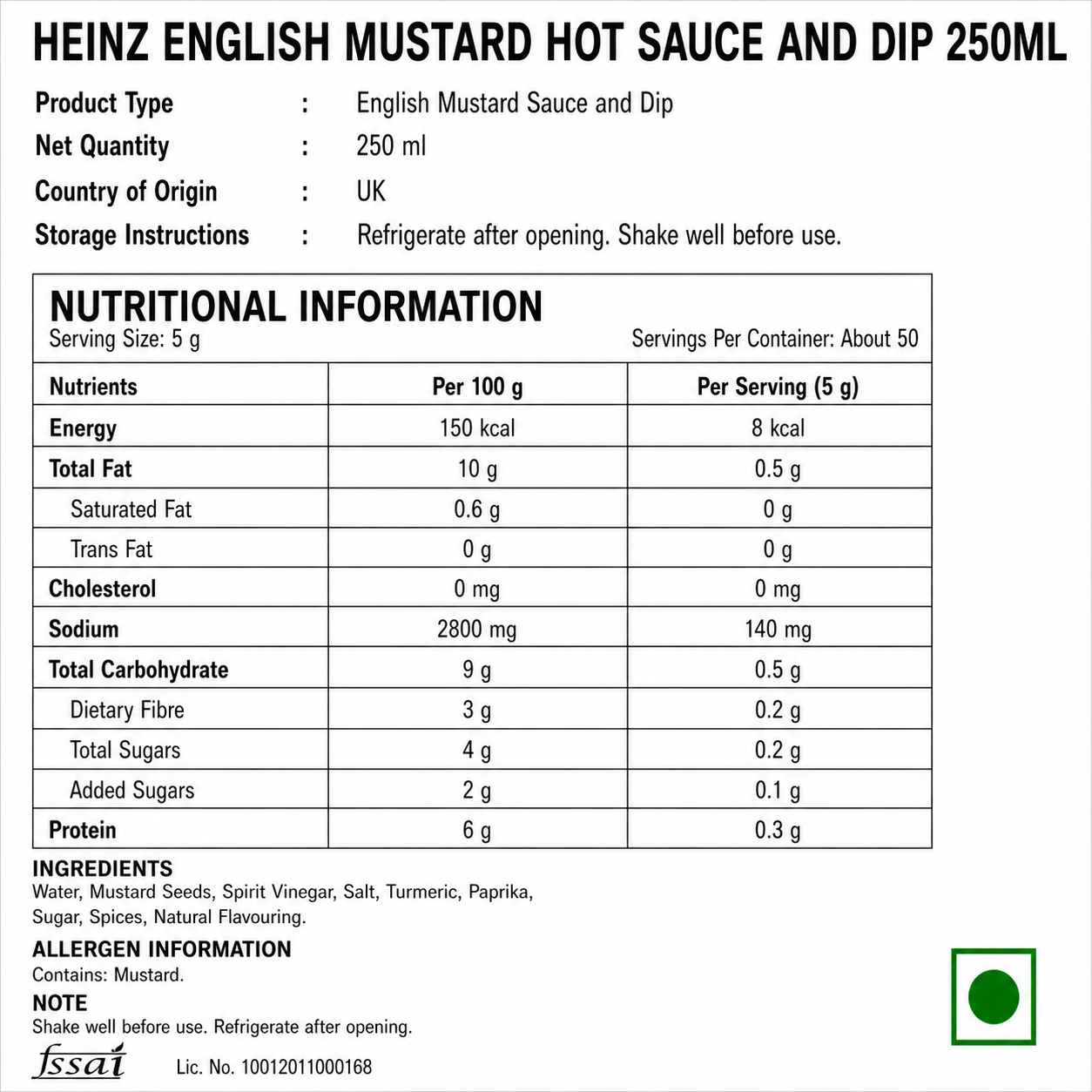 Heinz English Mustard Hot Sauce And Dip 250ml - Nosh Products