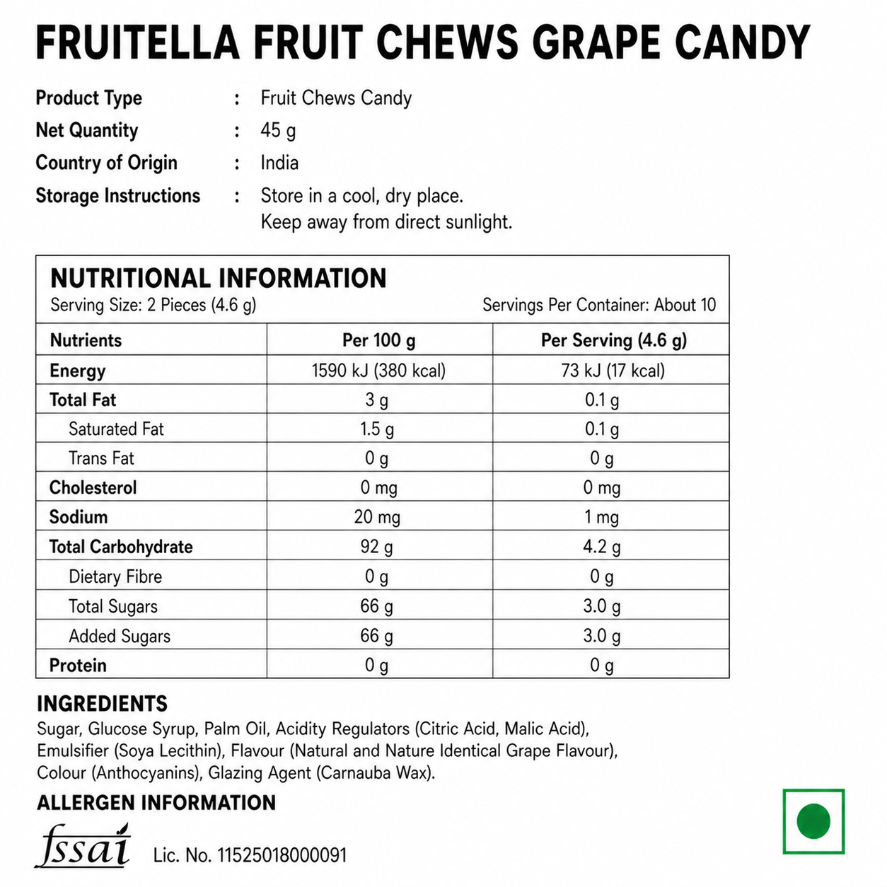 Fruitella Fruit Chews Grape Candy 45gm - Nosh Products