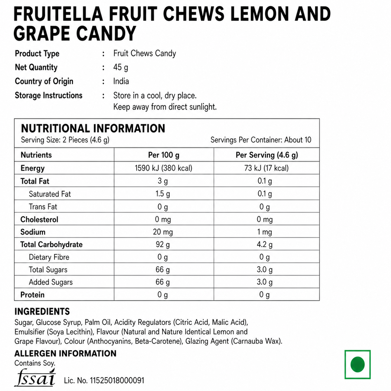 Fruitella Fruit Chews Lemon And Grape Candy 45gm - Nosh Products