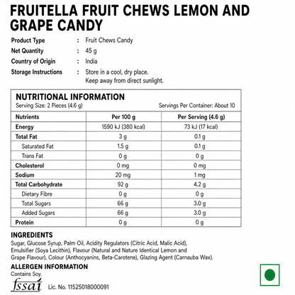 Fruitella Fruit Chews Lemon And Grape Candy 45gm - Nosh Products