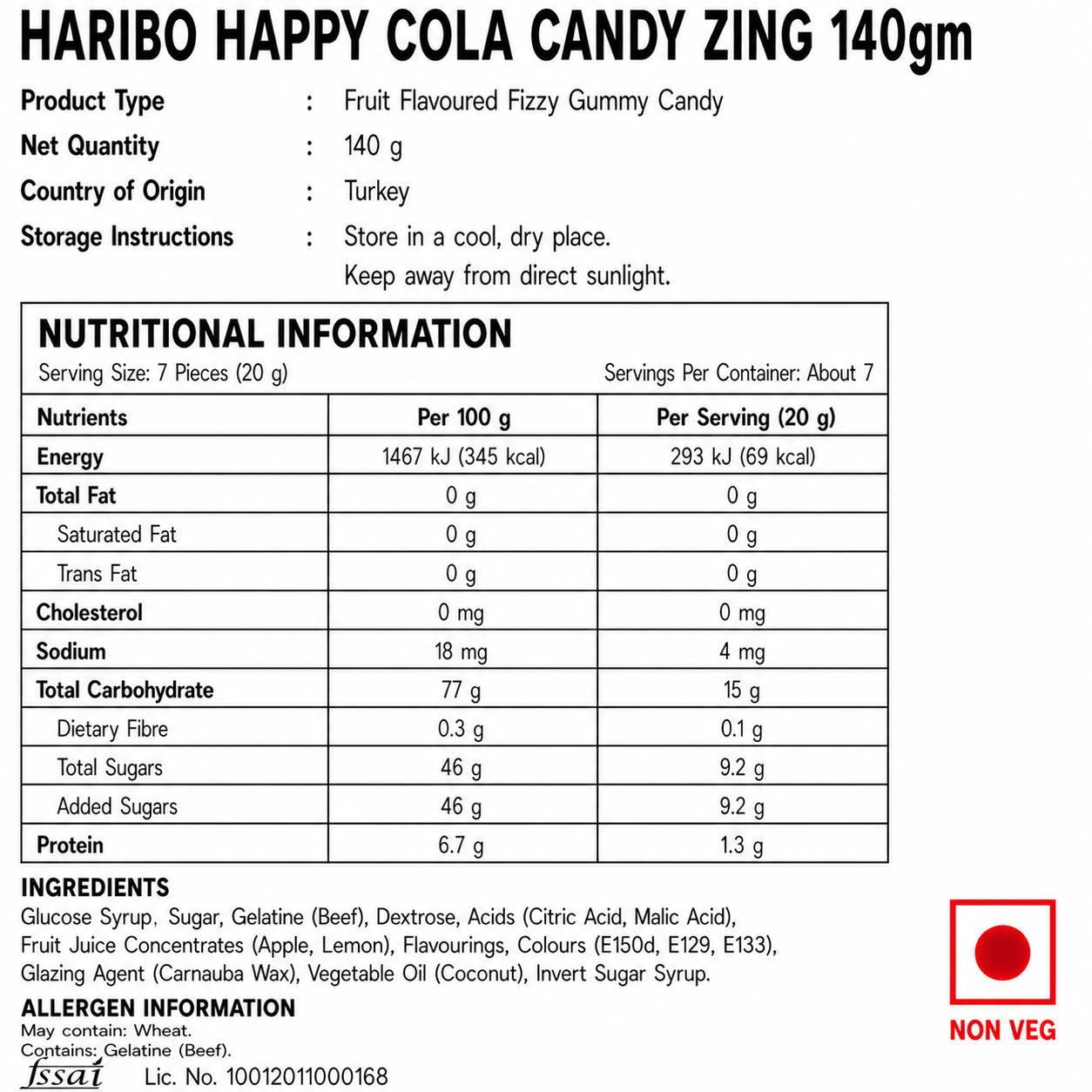 Haribo Happy Cola Candy Zing 140gm