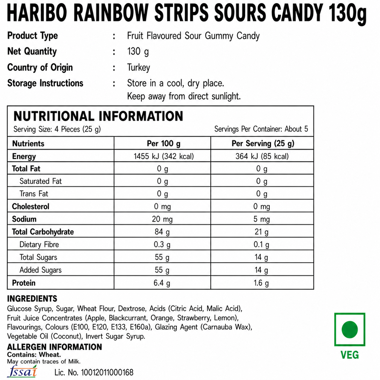 Haribo Rainbow Strips Sours Candy 130gm - Nosh Products