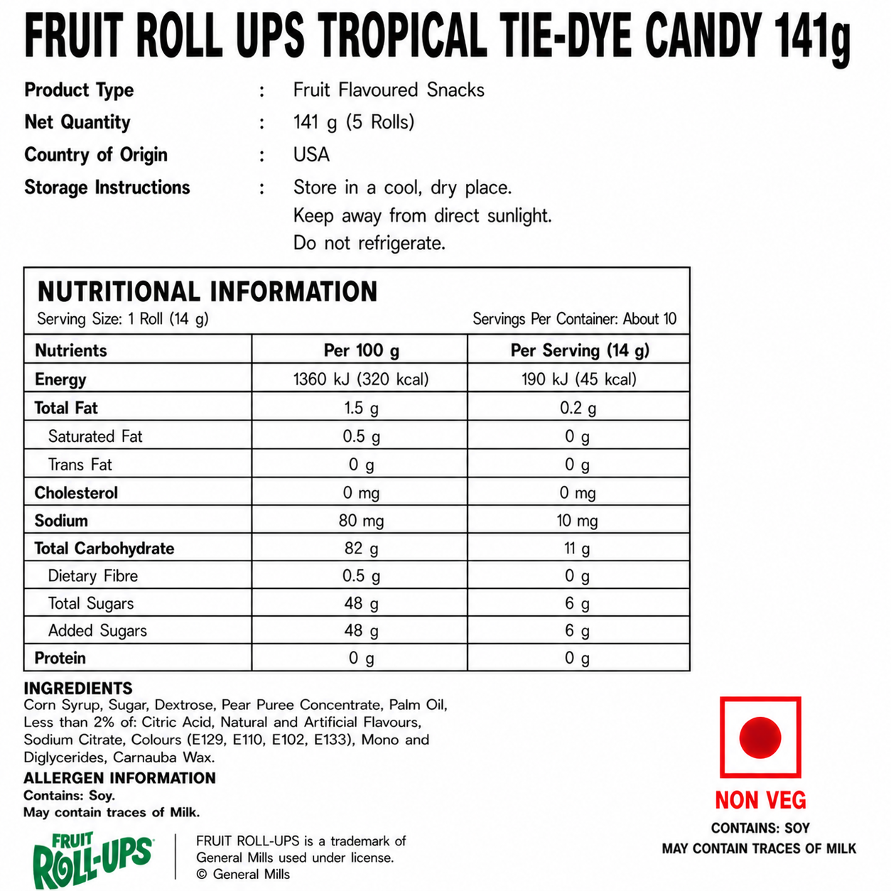 Fruit Roll Ups Tropical Tie-Dye Candy 141gm - Nosh Products