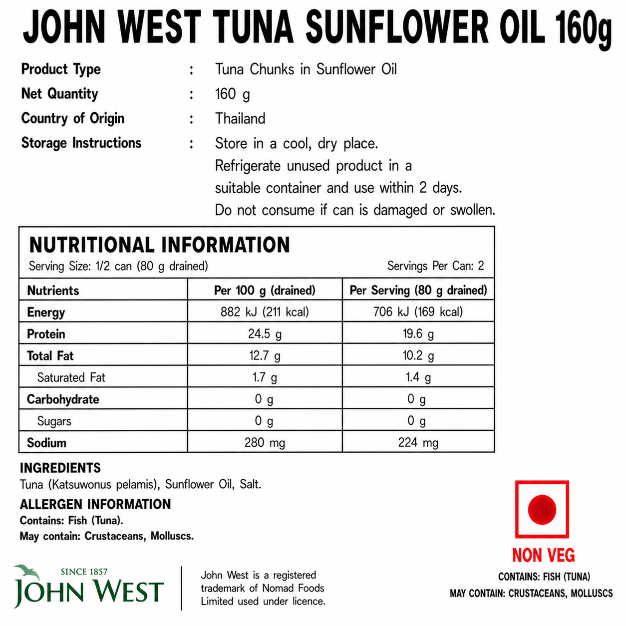 John West Tuna Sunflower Oil 160gm - Nosh Products