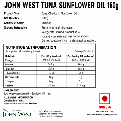 John West Tuna Sunflower Oil 160gm - Nosh Products