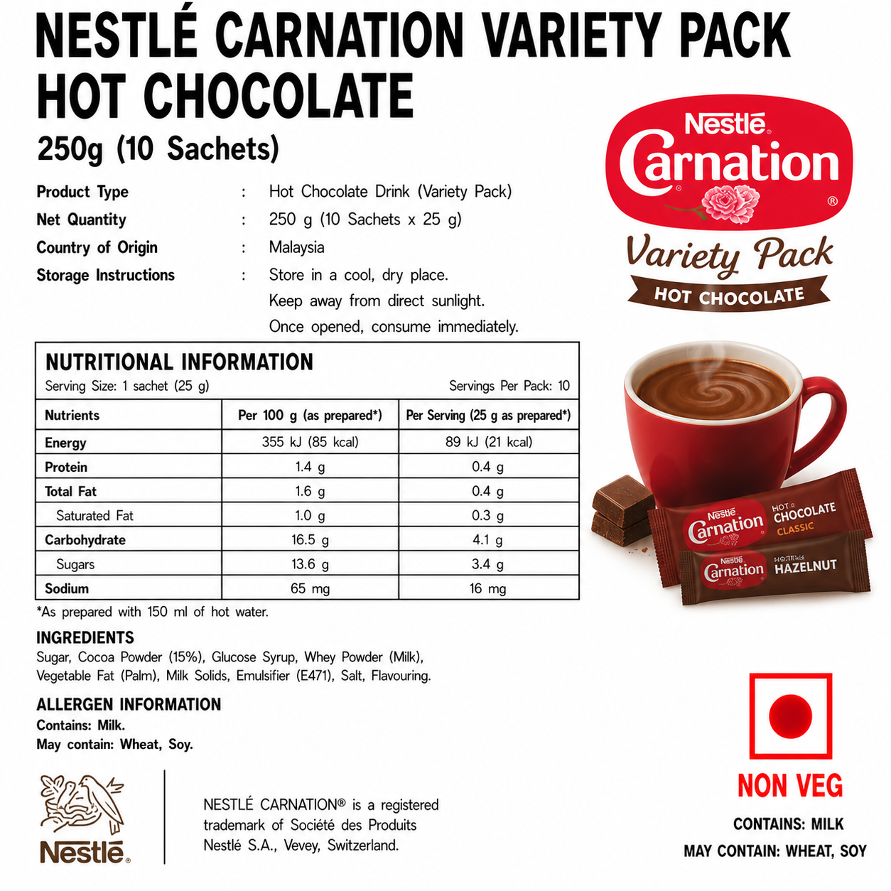 Nestle Carnation Variety Pack Hot Chocolate 250gm (10 Sachets)