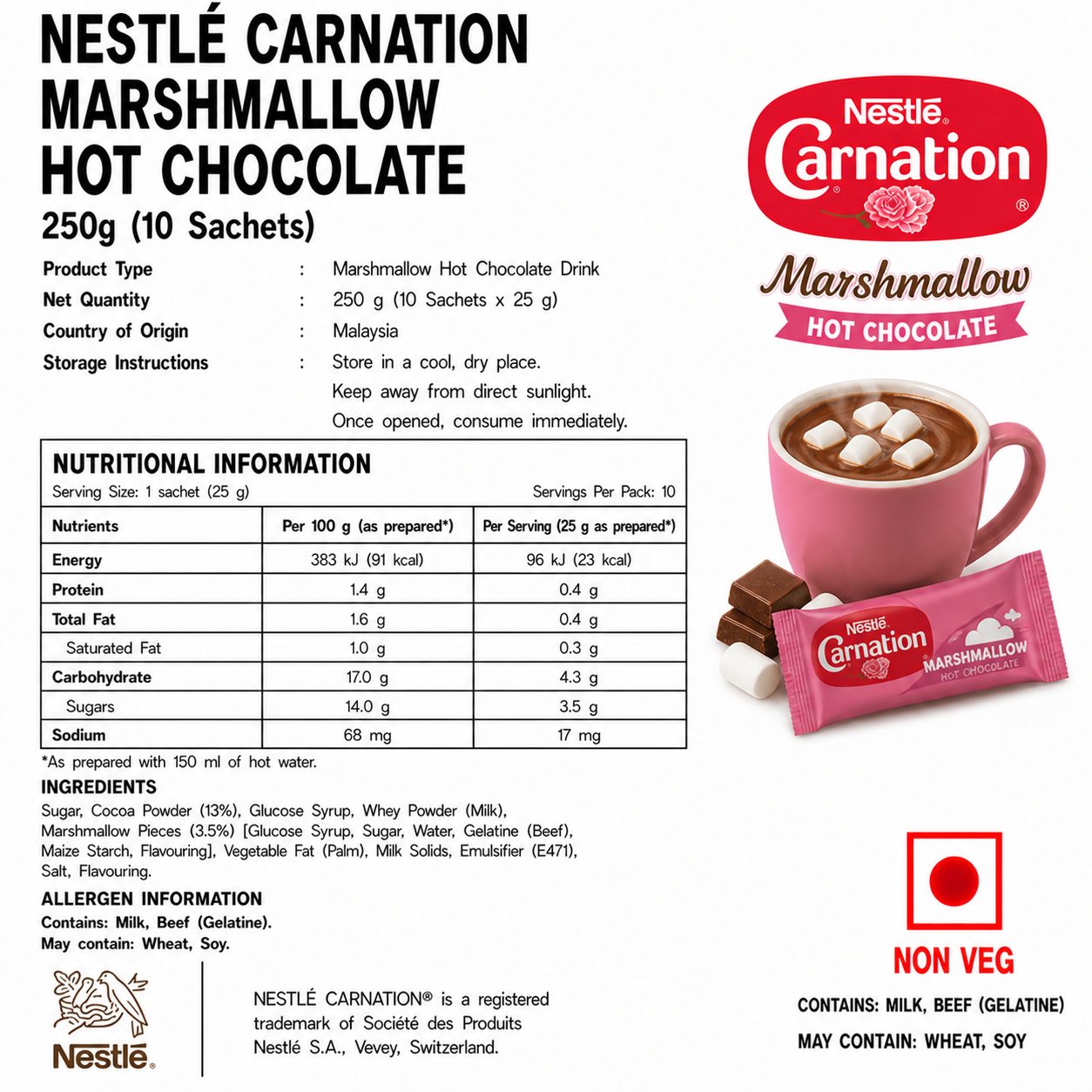 Nestle Carnation Marshmallow Hot Chocolate 250gm (10 Sachets)