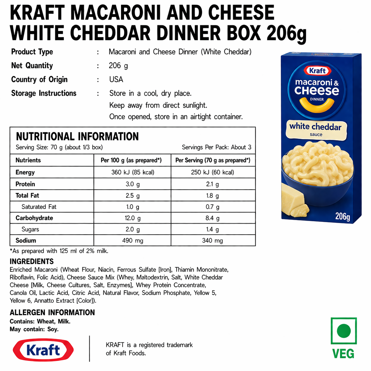 Kraft Macaroni And Cheese White Cheddar Dinner Box 206gm - Nosh Products