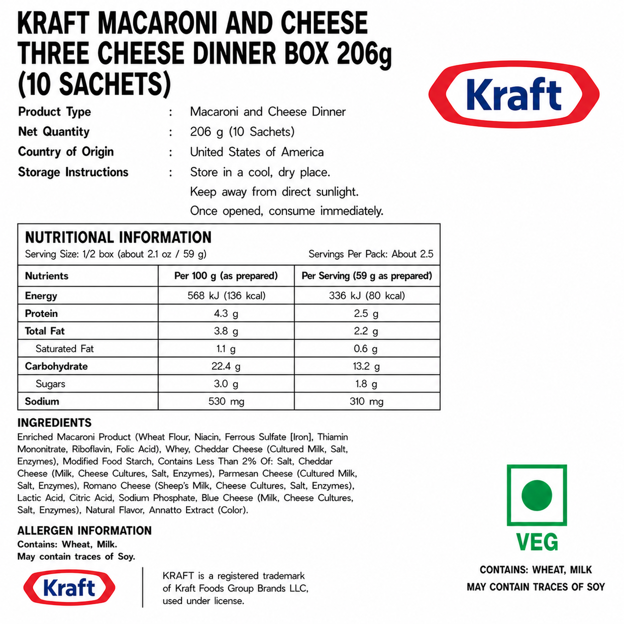 Kraft Macaroni And Cheese Three Cheese Dinner Box 206gm - Nosh Products