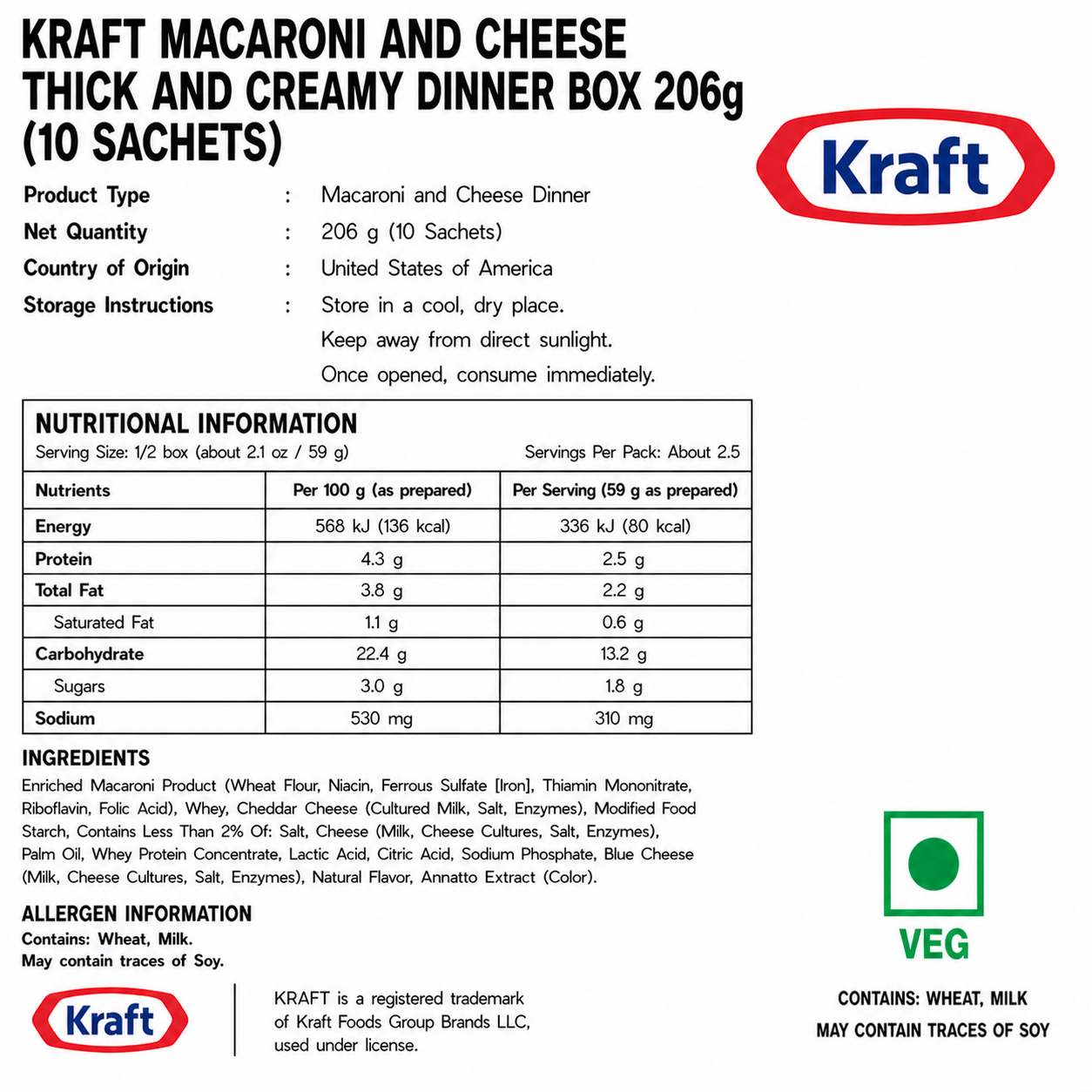 Kraft Macaroni And Cheese Thick And Creamy Dinner Box 206gm - Nosh Products