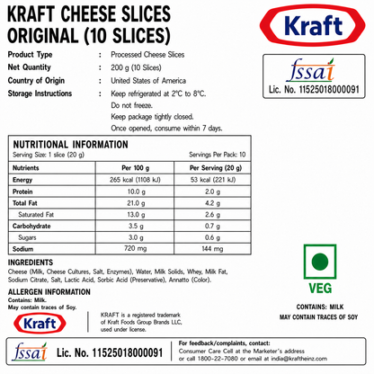 Kraft Cheese Slices Original (10 Slices) - Nosh Products