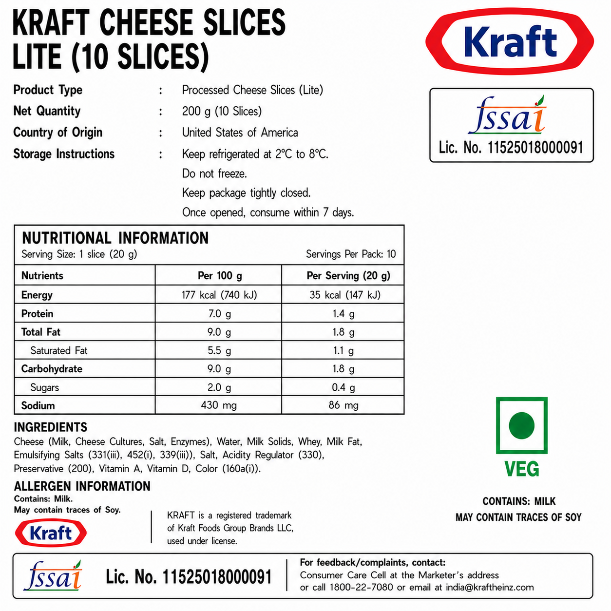 Kraft Cheese Slices Lite (10 Slices) - Nosh Products