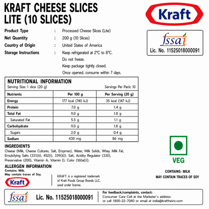 Kraft Cheese Slices Lite (10 Slices) - Nosh Products