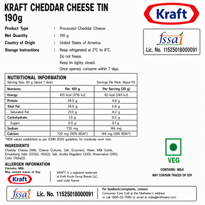 Kraft Cheddar Cheese Tin 190gm - Nosh Products