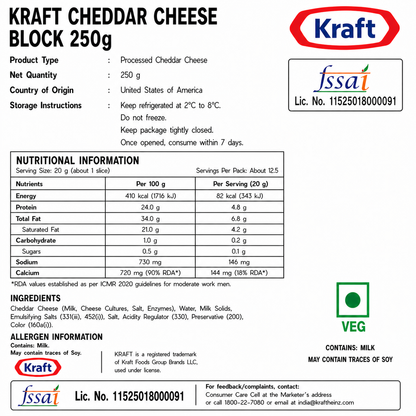 Kraft Cheddar Cheese Block 250gm - Nosh Products