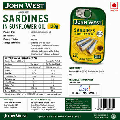 John West Sardine In Sunflower Oil 120gm - Nosh Products