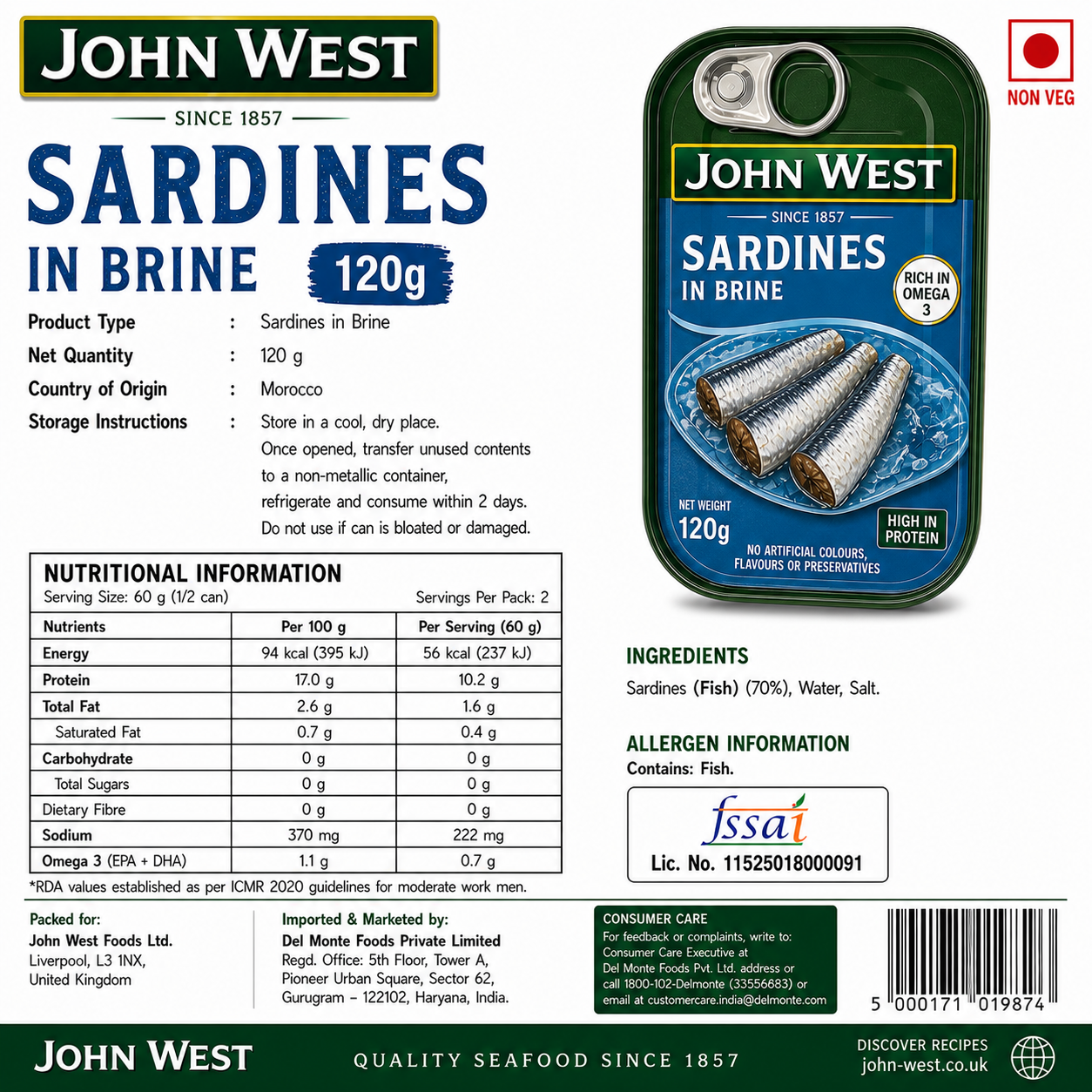John West Sardine In Brine 120gm - Nosh Products