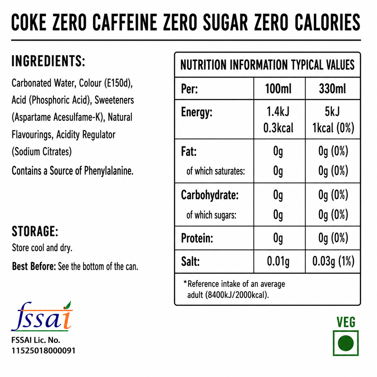 Coke Zero Caffeine Zero Sugar Zero Calories 330ml Imported From UK
