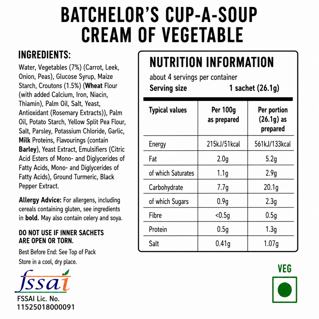 Batchelor's Cup-A-Soup Cream Of Vegetable (4 Cups) Imported From UK