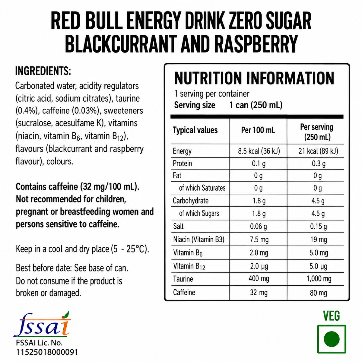 Red Bull Energy Drink Zero Sugar Blackcurrant And Rapsberry 250ml