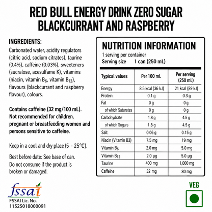 Red Bull Energy Drink Zero Sugar Blackcurrant And Rapsberry 250ml