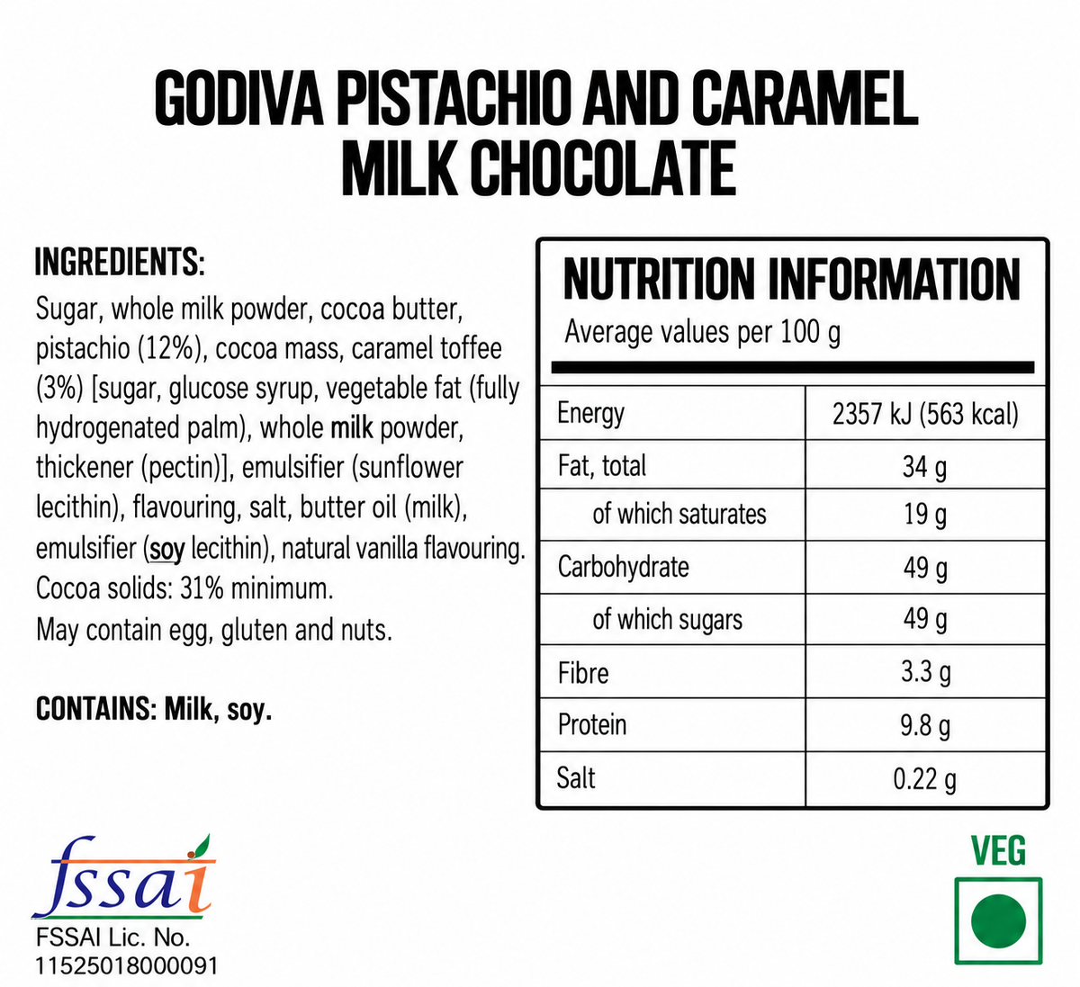 Godiva Pistachio And Caramel Milk Chocolate 60gm