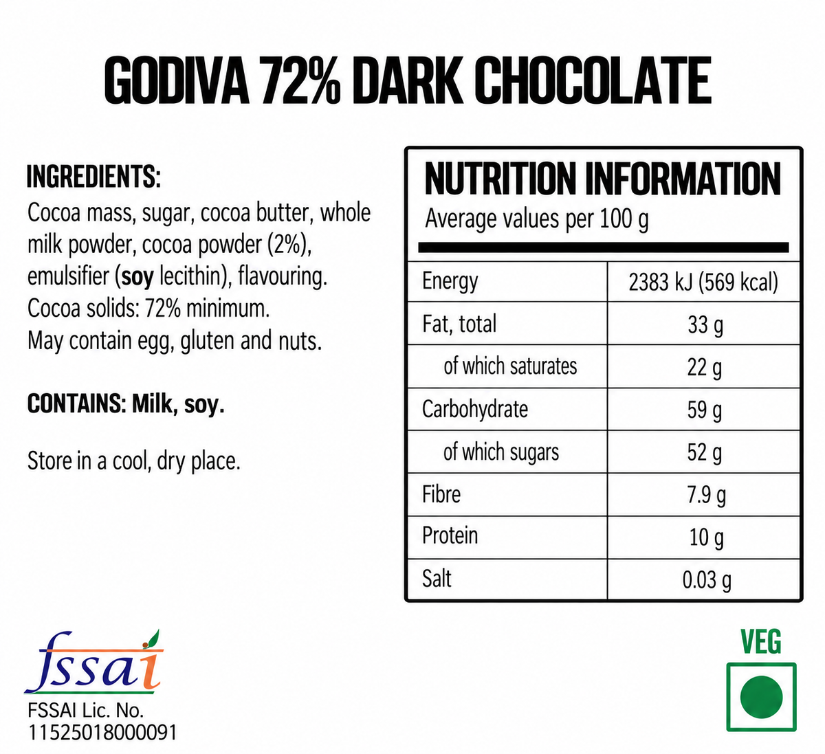Godiva 72% Dark Chocolate 60gm