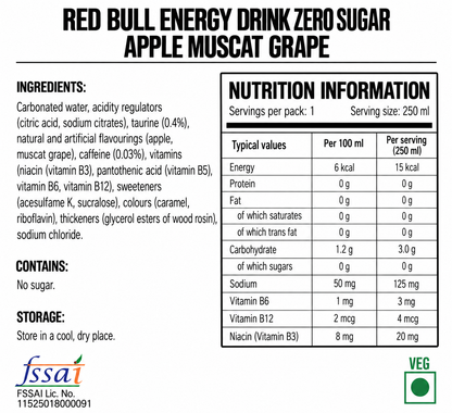 Red Bull Energy Drink Zero Sugar Apple Muscat Grape 250ml