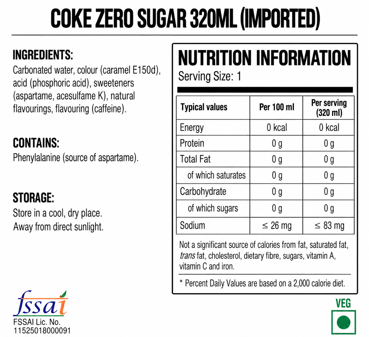 Coke Zero Sugar 320ml Imported From Asia