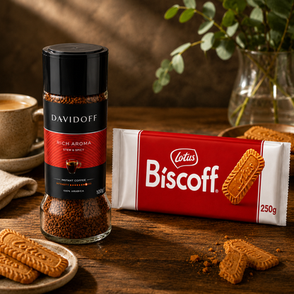 Davidoff Rich Aroma Instant Coffee And Lotus Biscoff Biscuit 250gm Bundle Pack