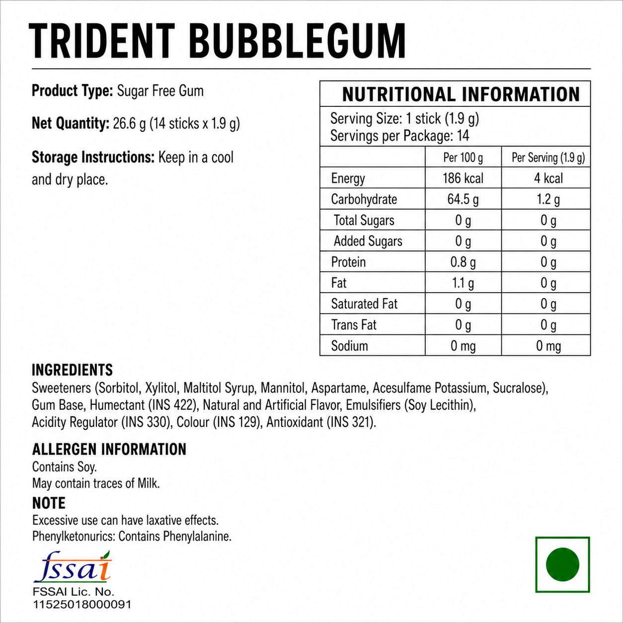 Trident Bubblegum Chewing Gum Imported From USA