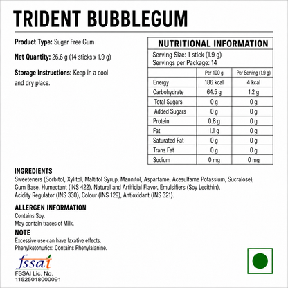 Trident Bubblegum Chewing Gum Imported From USA
