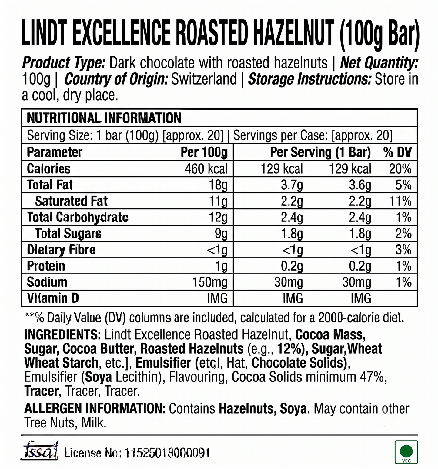 Lindt Excellence Roasted Hazelnut Dark Chocolate 100gm Global Import