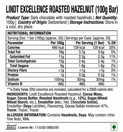 Lindt Excellence Roasted Hazelnut Dark Chocolate 100gm Global Import